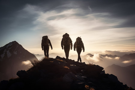 mountain climbers group on top of the mountainの素材