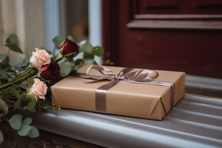 a bouquet of roses and a gift in front of the front door bokeh style backgroundの素材