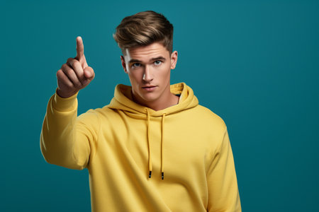 handsome man pointing a finger on blue backgroundの素材