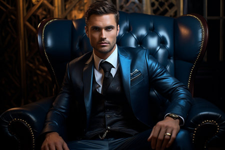 businessman model wearing blue suit sitting on the chairの素材