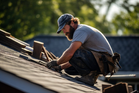 a male roofing contractor fixing roof bokeh style backgroundの素材