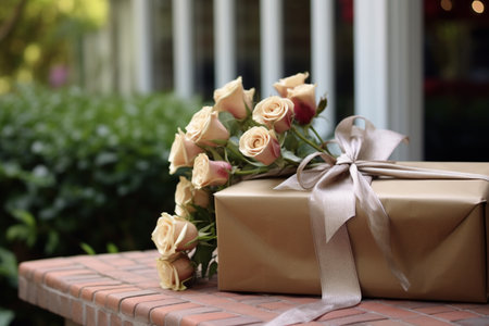 a bouquet of roses and a gift in front of the front door bokeh style backgroundの素材