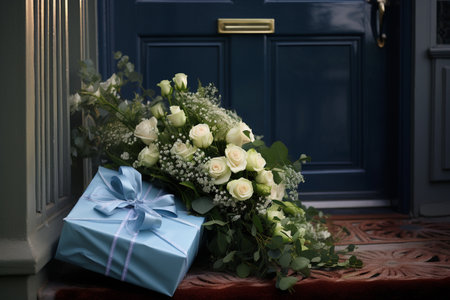a bouquet of roses and a gift in front of the front doorの素材