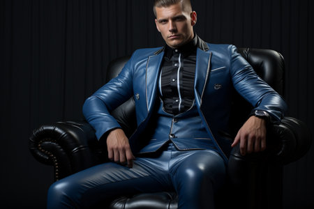businessman model wearing blue suit sitting on the chairの素材