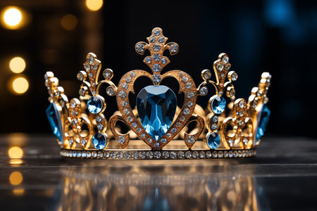 a blue diamond crown on wood table bokeh style backgroundの素材