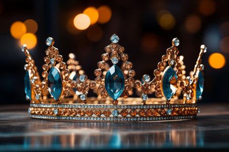 a blue diamond crown on wood table bokeh style backgroundの素材
