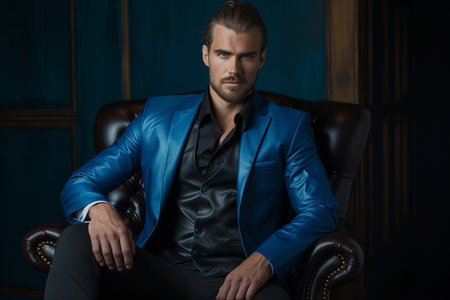 businessman model wearing blue suit sitting on the chairの素材