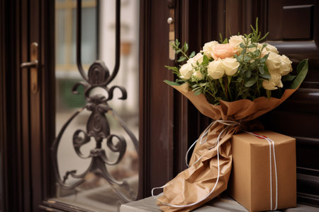 a bouquet of roses and a gift in front of the front door bokeh style backgroundの素材