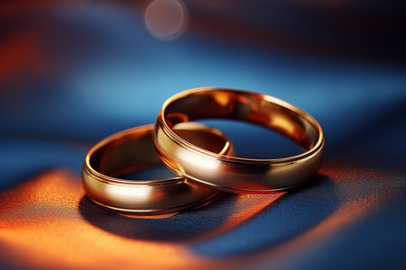 close up of two gold wedding rings on blue background bokeh style backgroundの素材