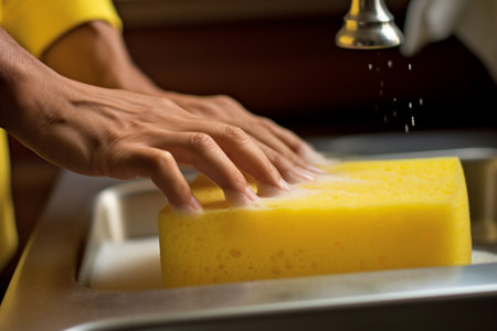 close up of hand washing dish with yellow sponge bokeh style backgroundの素材