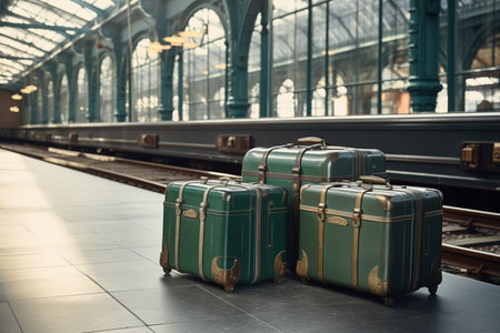 leather suitcase in train station bokeh style backgroundの素材