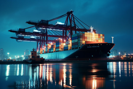 container ship parking on the warehouse loading dockの素材