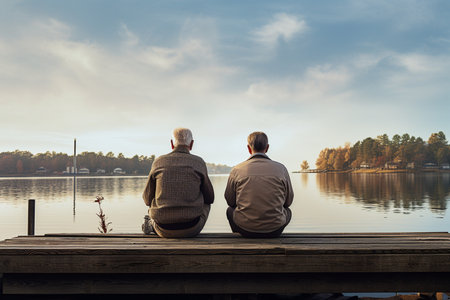 two elderly men sitting on the dock in front of the lakeの素材