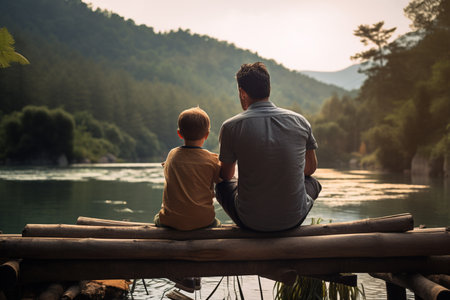 father and son sitting on wooden bench in front of the lake bokeh style backgroundの素材