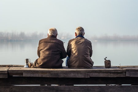 two elderly men sitting on the dock in front of the lakeの素材