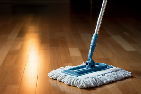 a mop putting on the wooden floor bokeh style backgroundの素材