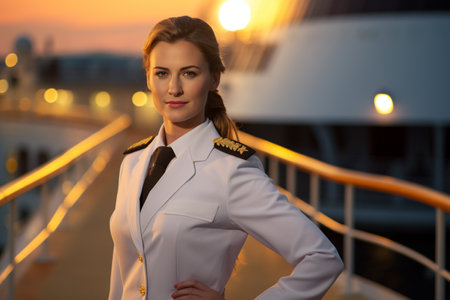 a female captain standing in front of the ship bokeh style backgroundの素材