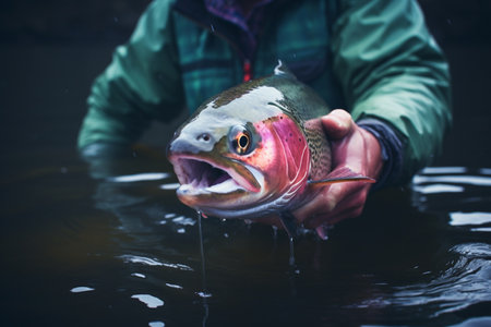 a person holding a rainbow trout bokeh style backgroundの素材