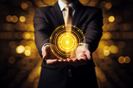 businessman holding golden digital dart board bokeh style backgroundの素材