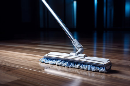 a mop putting on the wooden floor bokeh style backgroundの素材