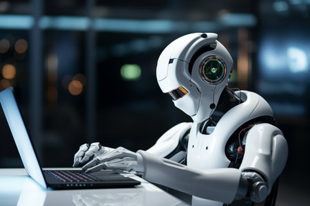 a robot using tablet bokeh style backgroundの素材