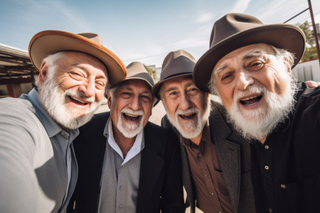 a group of older men friendship bokeh style backgroundの素材