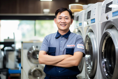 asian repairman smiling at laundry shop bokeh style backgroundの素材