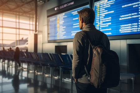 a male passenger standing at the airport bokeh style backgroundの素材