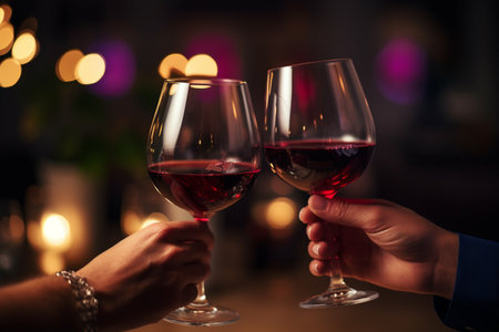 two hands holding glasses of wine bokeh style backgroundの素材
