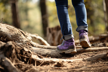 close up of hiker's shoes walking in the forest bokeh style backgroundの素材