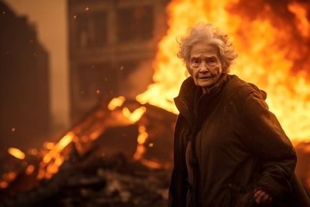an old woman standing in front of a burning building bokeh style backgroundの素材