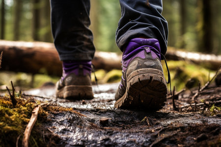 close up of hiker's shoes walking in the forest bokeh style backgroundの素材