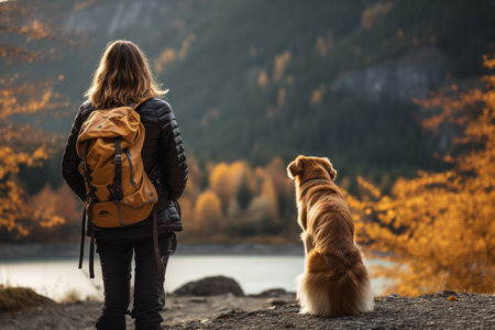 female hiker and her dog on the mountain  bokeh style backgroundの素材