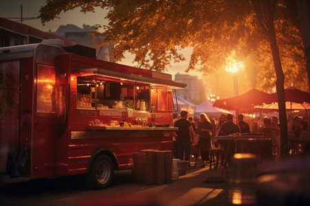 people standing around the food truck street food bokeh style backgroundの素材
