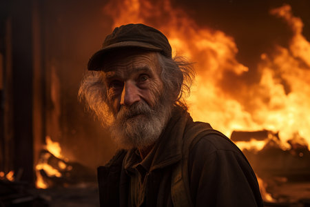 an old man standing in front of a burning building bokeh style backgroundの素材