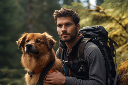 male hiker and his dog on the mountain  bokeh style backgroundの素材