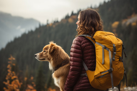 female hiker and her dog on the mountain  bokeh style backgroundの素材