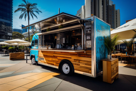 food truck on the street in the cityの素材
