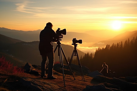 the male photographer taking a picture on the mountainsの素材