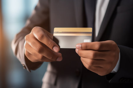 close up of businessman hands holding a credit card bokeh style backgroundの素材