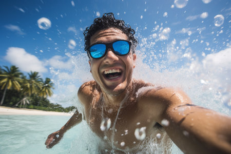 a man swimming in the sea bokeh style backgroundの素材