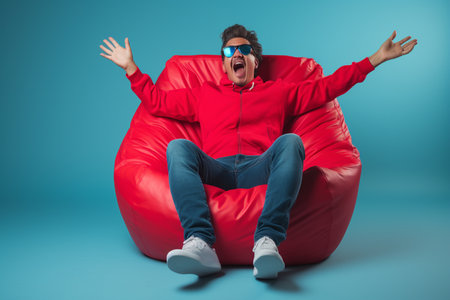 man is sitting on bean bag chair on blue backgroundの素材