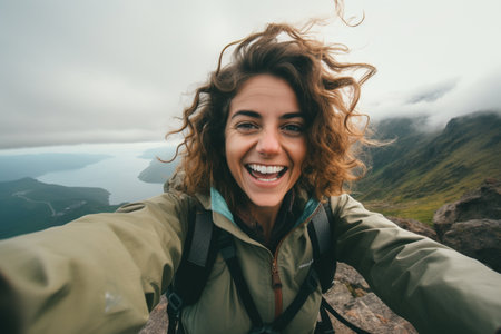 female hiker taking selfie on the mountainの素材