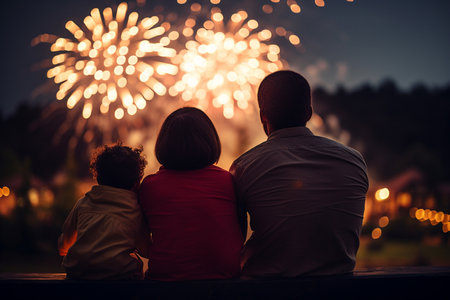 a family watching fireworks bokeh style backgroundの素材