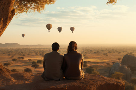 couple sitting in front of hot air balloons view bokeh style backgroundの素材