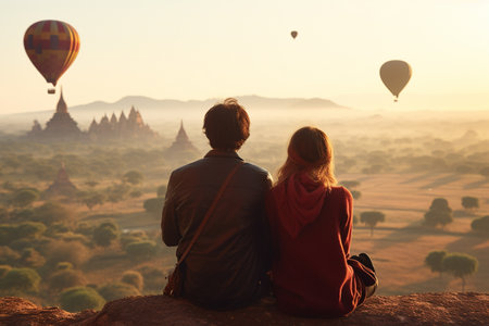 couple sitting in front of hot air balloons view bokeh style backgroundの素材