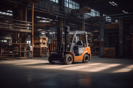 a forklift truck in the warehouse bokeh style backgroundの素材