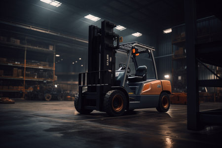 a forklift truck in the warehouse bokeh style backgroundの素材