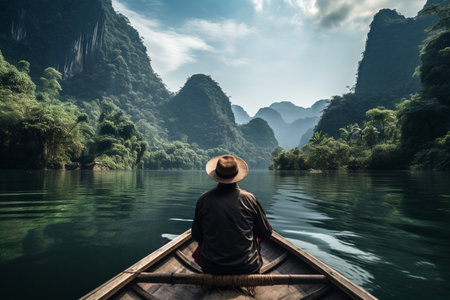man sitting on a boat with mountain landscapeの素材