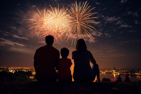 a family watching fireworks bokeh style backgroundの素材